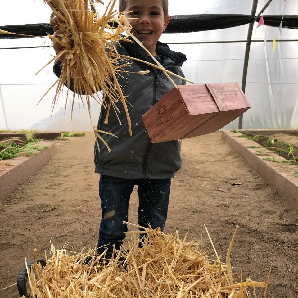 Niño en un invernadero mostrando paja y una caja nido durante una actividad educativa.