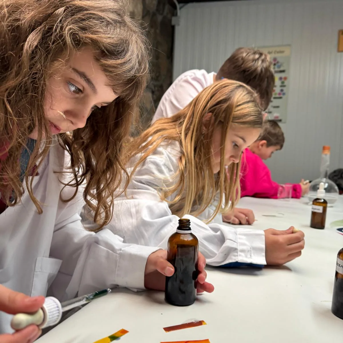 Niños realizan un experimento en un taller de ciencia en La Granja de los Cuentos